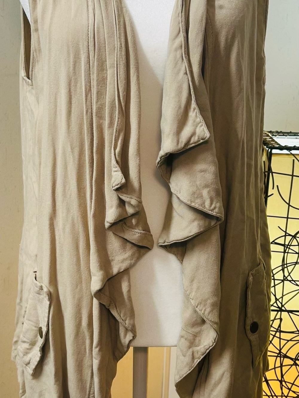 Women's Taupe Open-Front Draped Vest with Pocket Details